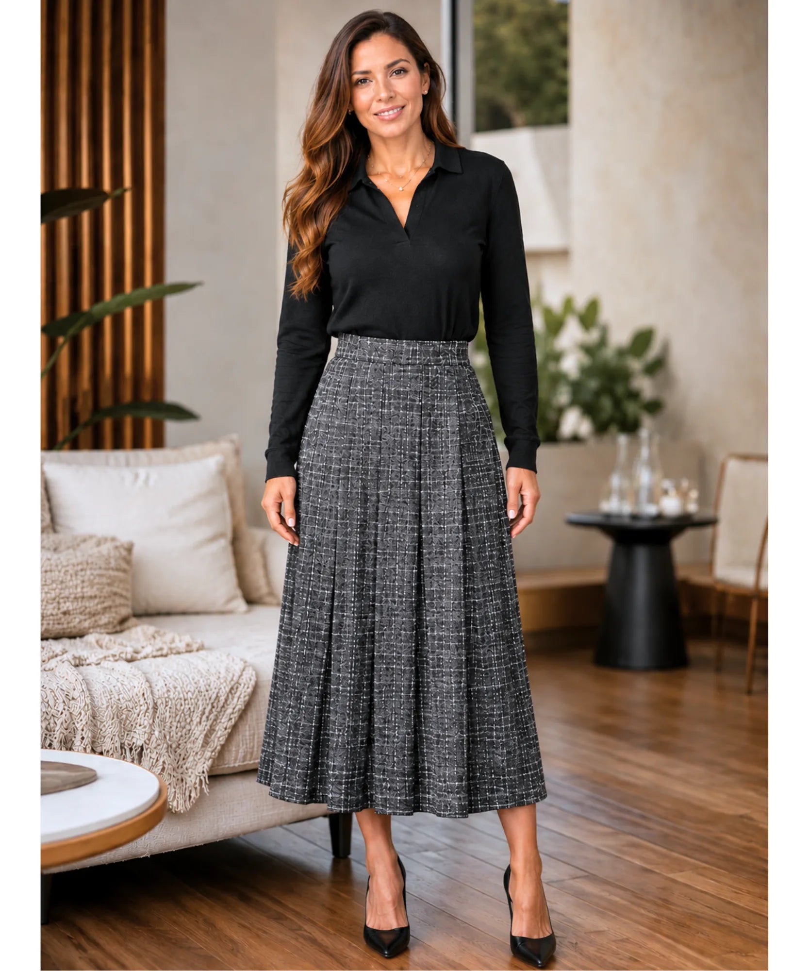 Women's grey plaid pleated wool midi skirt, side profile