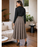 Women's brown plaid pleated wool midi skirt, side view