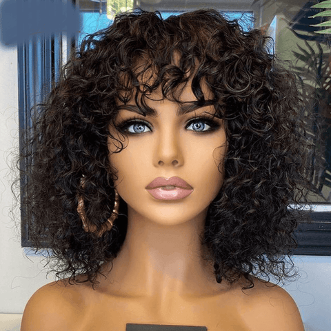 Short Curly Lace Front 100% Human Hair Wig with Bangs - Anellace
