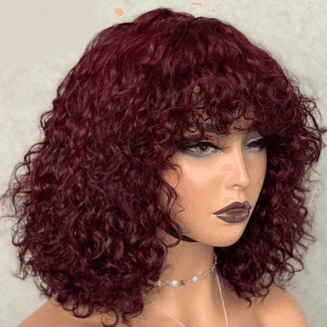 Short Curly Lace Front 100% Human Hair Wig with Bangs - Anellace