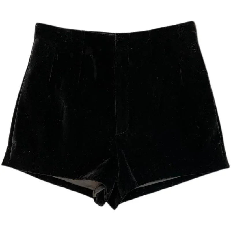Women's black velvet shorts with elastic waistband flat lay