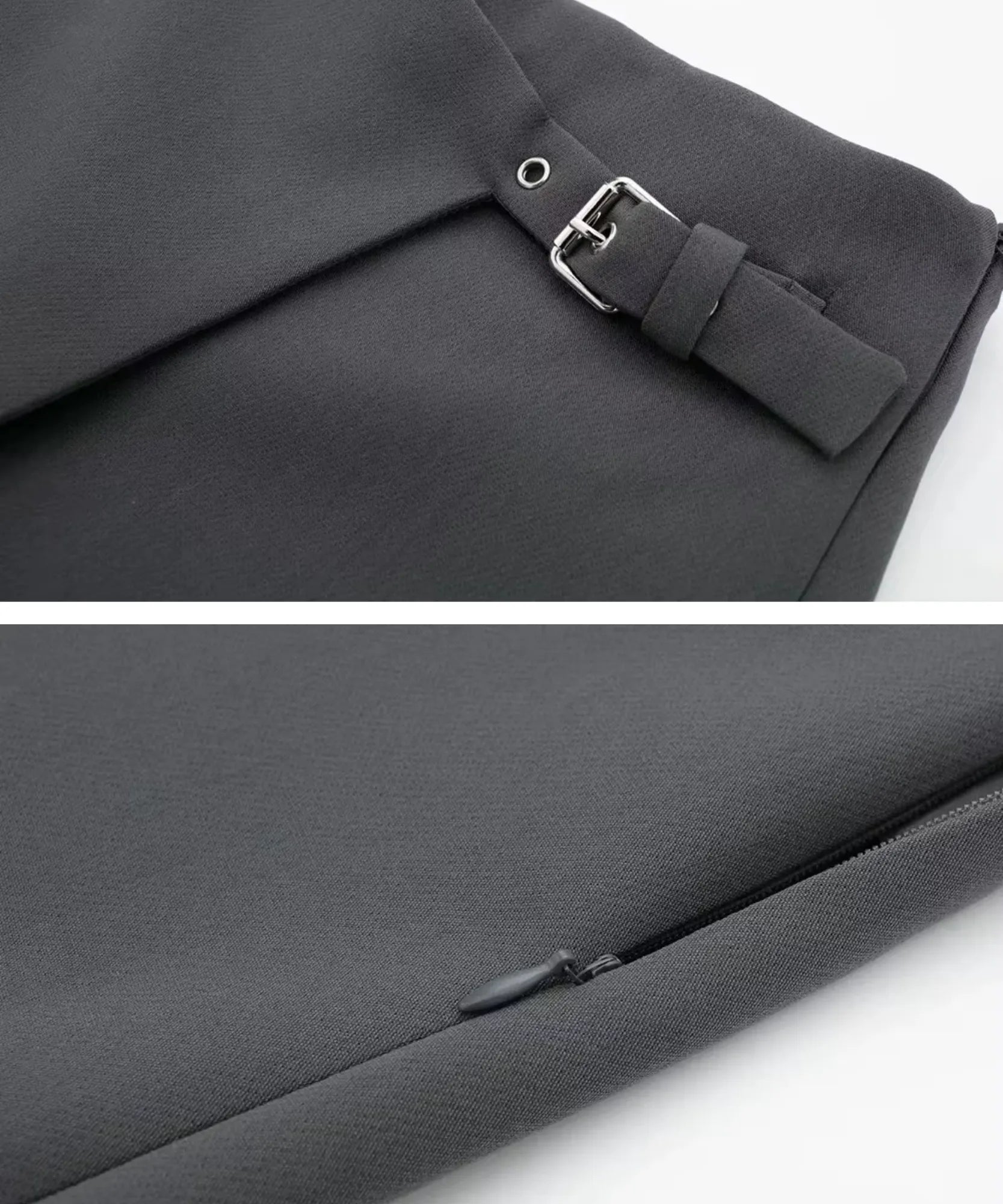 Women's grey wrap skort close up of the side buckle and zipper