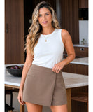 Women's taupe wrap skort with front pockets and built in shorts