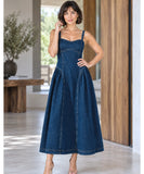 Women's Denim Midi Dress with Open Back Tie and Full Skirt | Belis