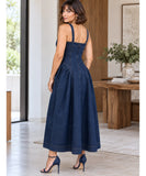 Women's Denim Midi Dress with Open Back Tie and Full Skirt | Belis