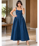 Women's Denim Midi Dress with Open Back Tie and Full Skirt | Belis