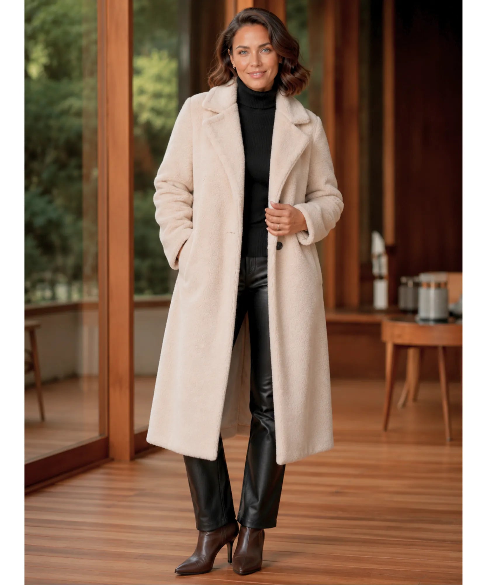 Women's long teddy coat in beige, full length view