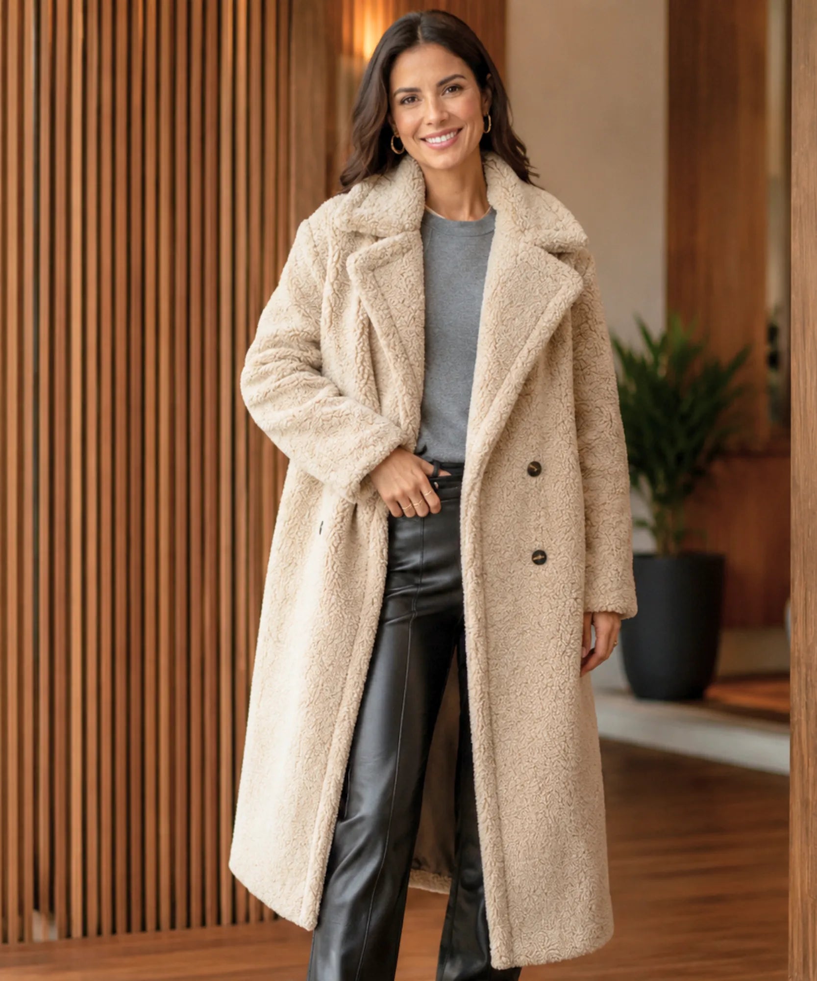 Women's long teddy coat in beige with wide lapel and double-button front