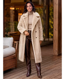 Women's long teddy coat in beige, styled look