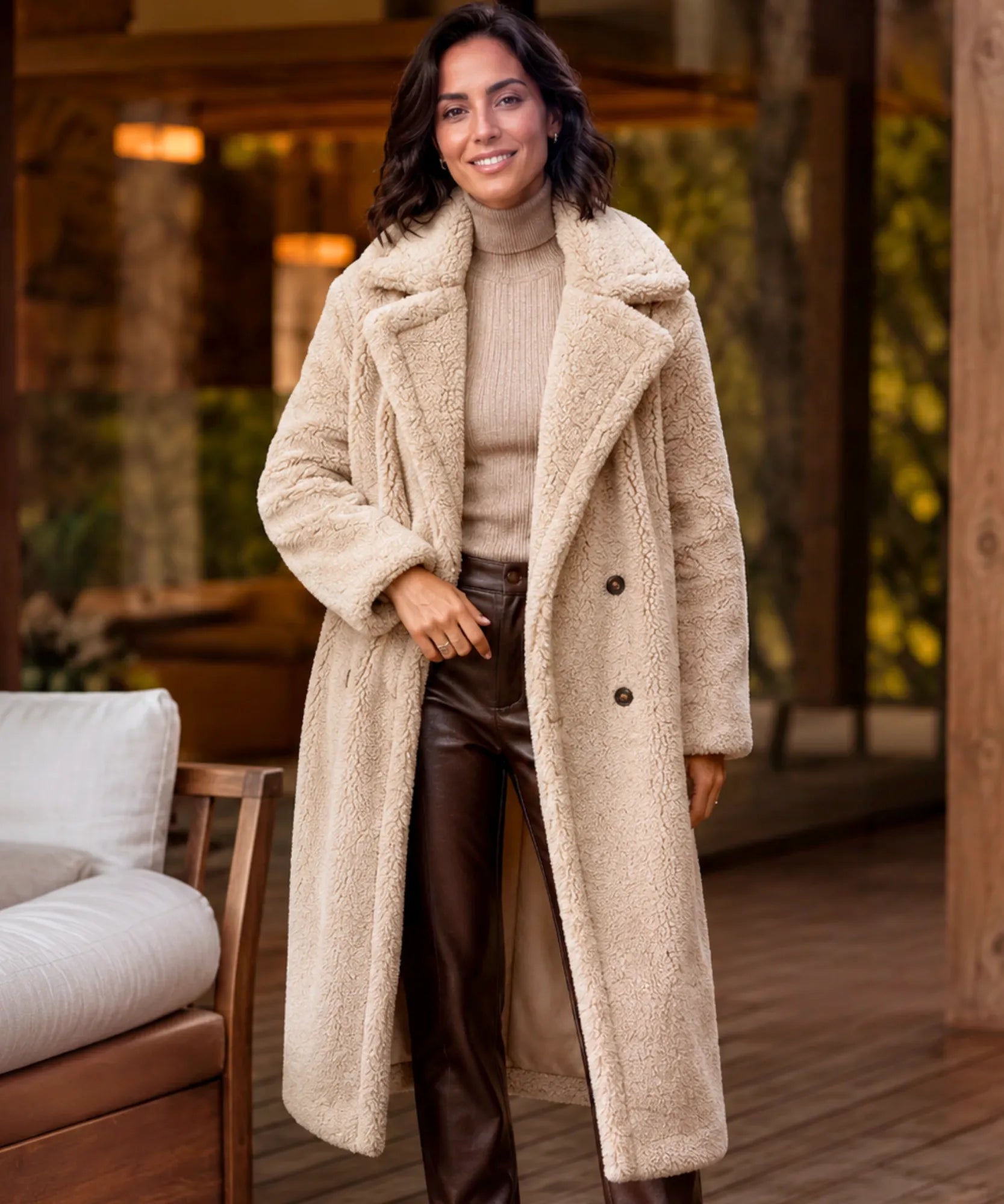 Women's long teddy coat in beige, side view