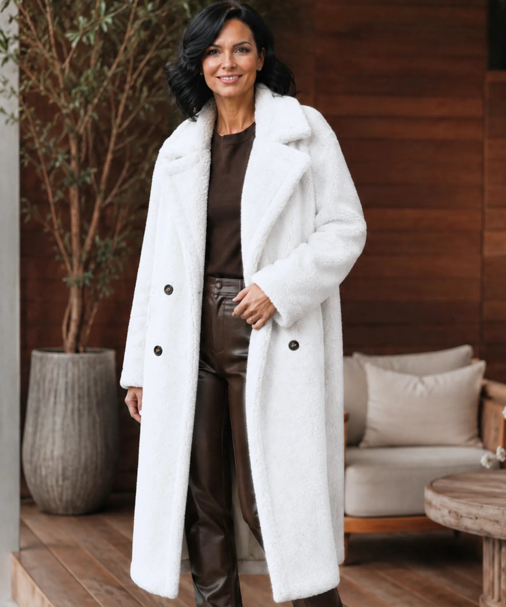 Women's long teddy coat in white with double-button front
