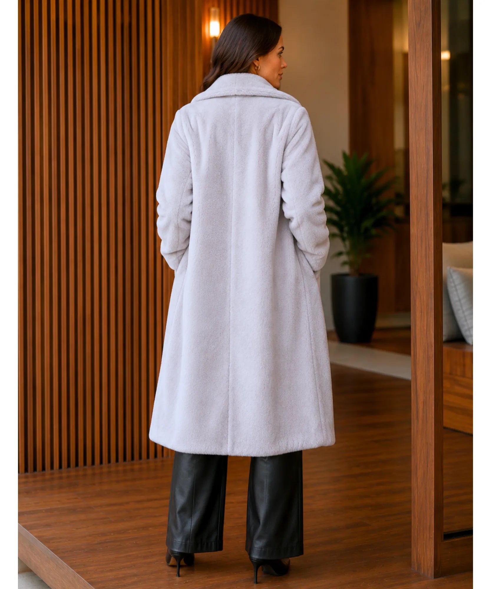 Women's long teddy coat in grey, front view