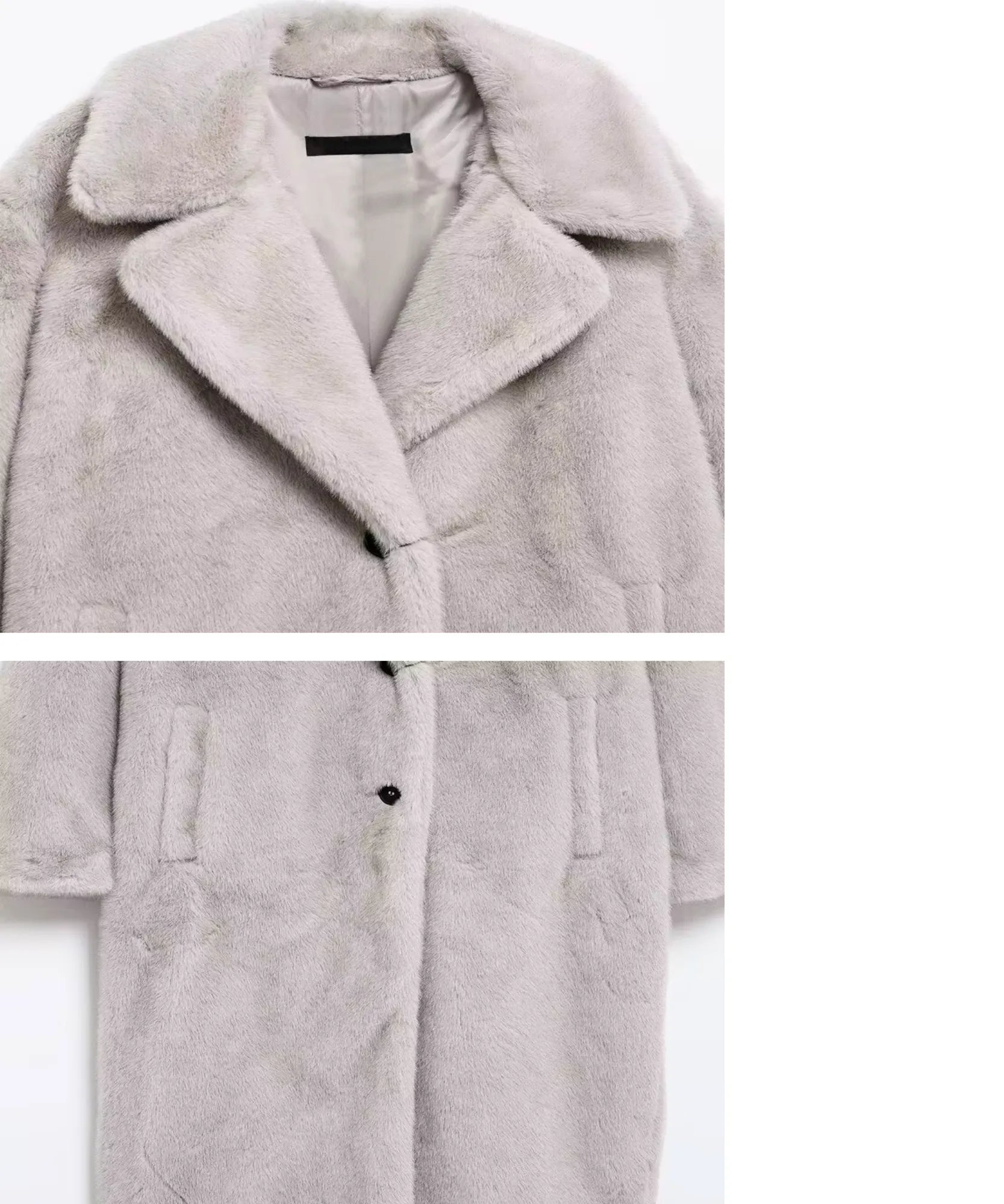 Women's long teddy coat in grey with plush pile and structured lining