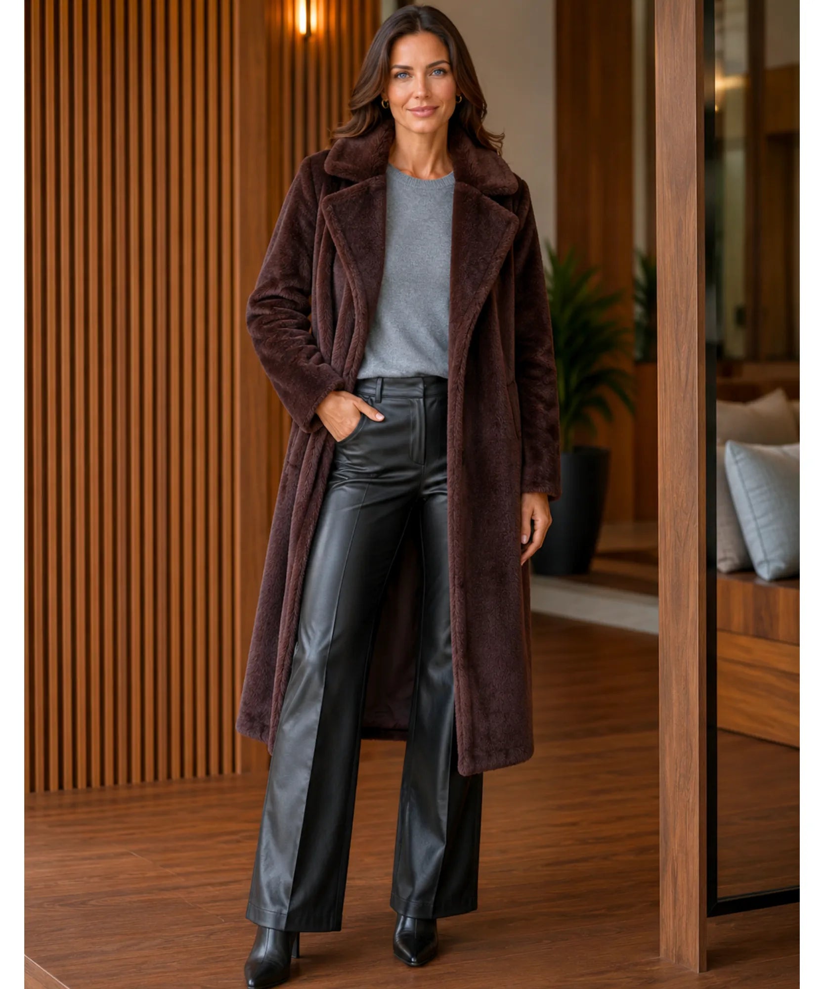 Women's long teddy coat in chocolate brown