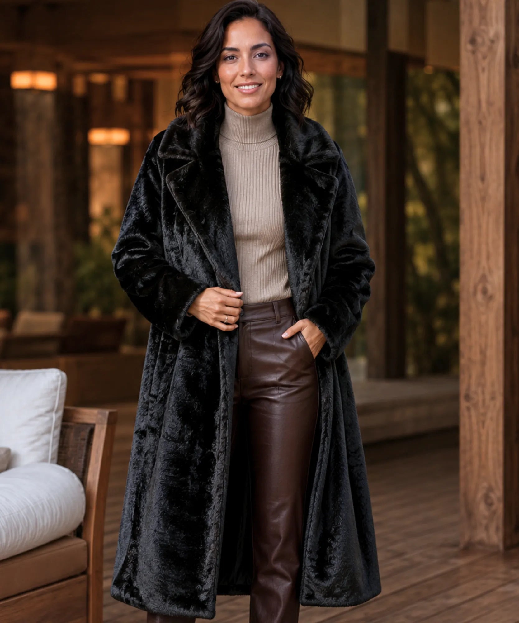 Women's long teddy coat in black with plush pile