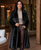 Women's long teddy coat in black with plush pile