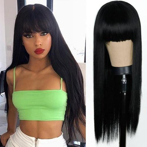 Straight Human Hair Lace Wig with Bangs - Anellace