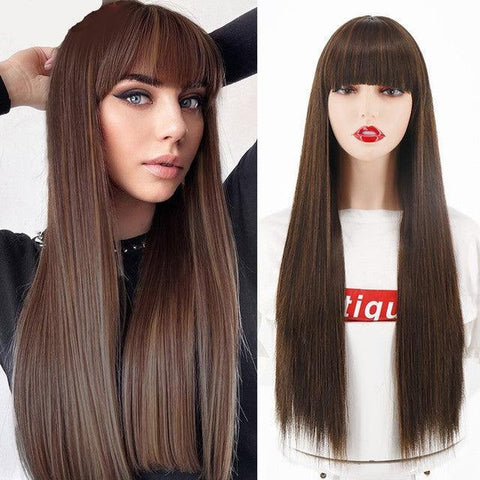 Straight Human Hair Lace Wig with Bangs - Anellace