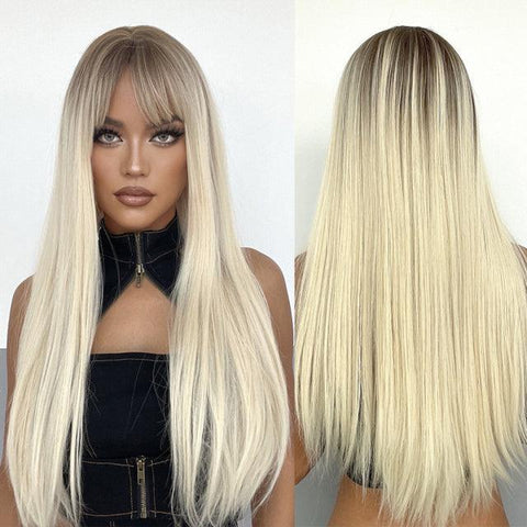 Straight Human Hair Lace Wig with Bangs - Anellace