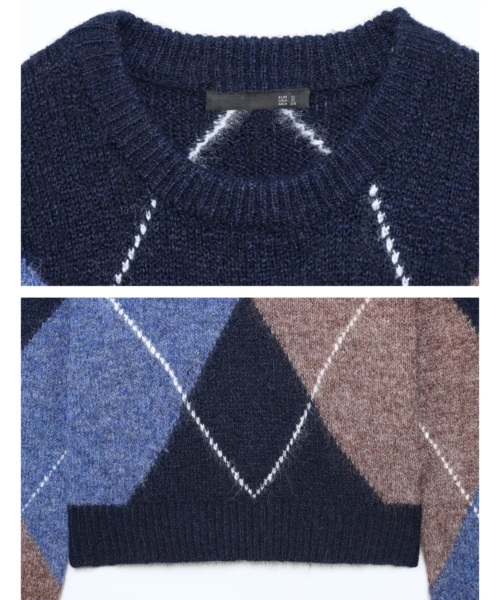 Women's Argyle Crew Neck Sweater in Blue, knit texture detail