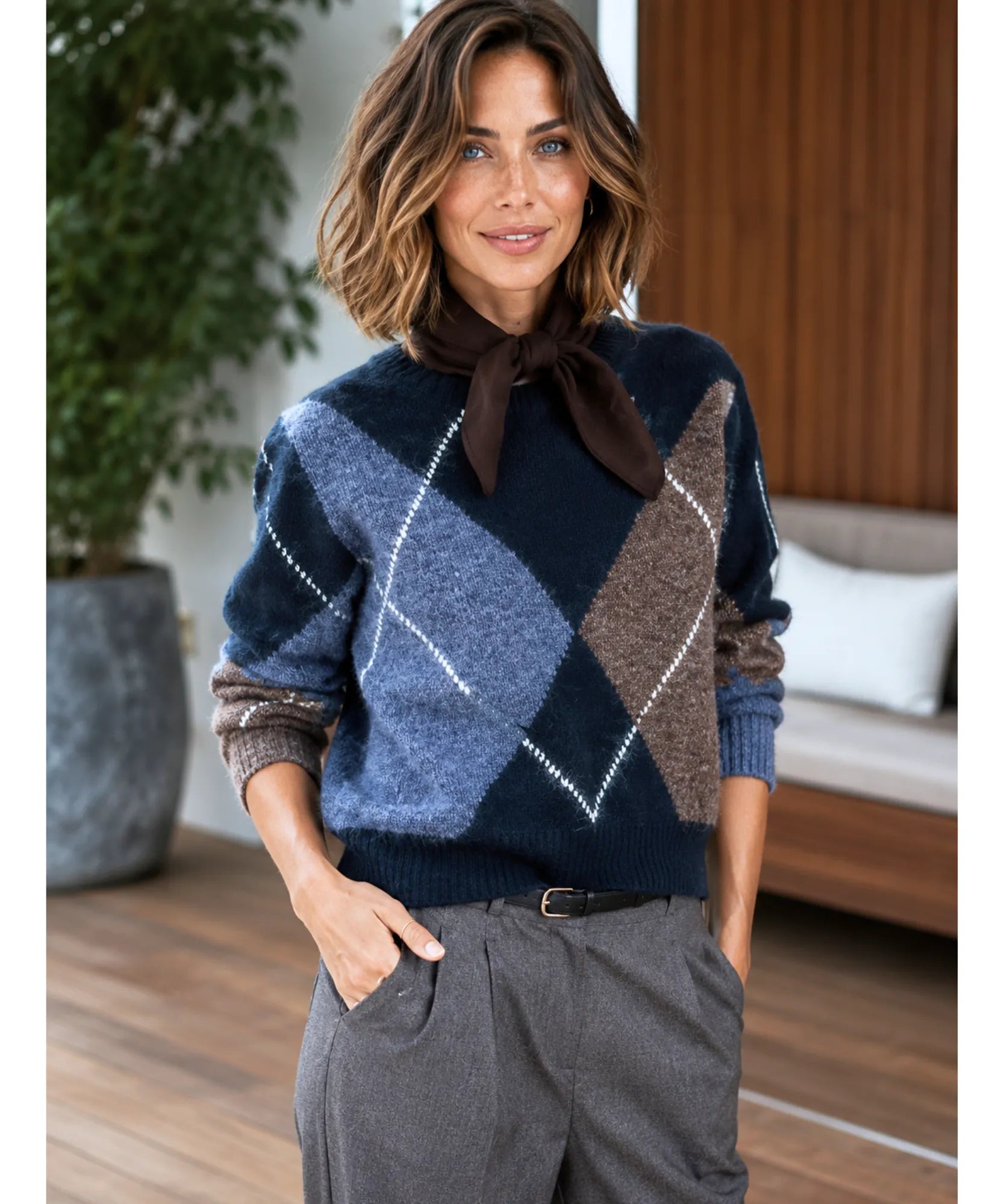 Women's Argyle Crew Neck Sweater in Blue, side view