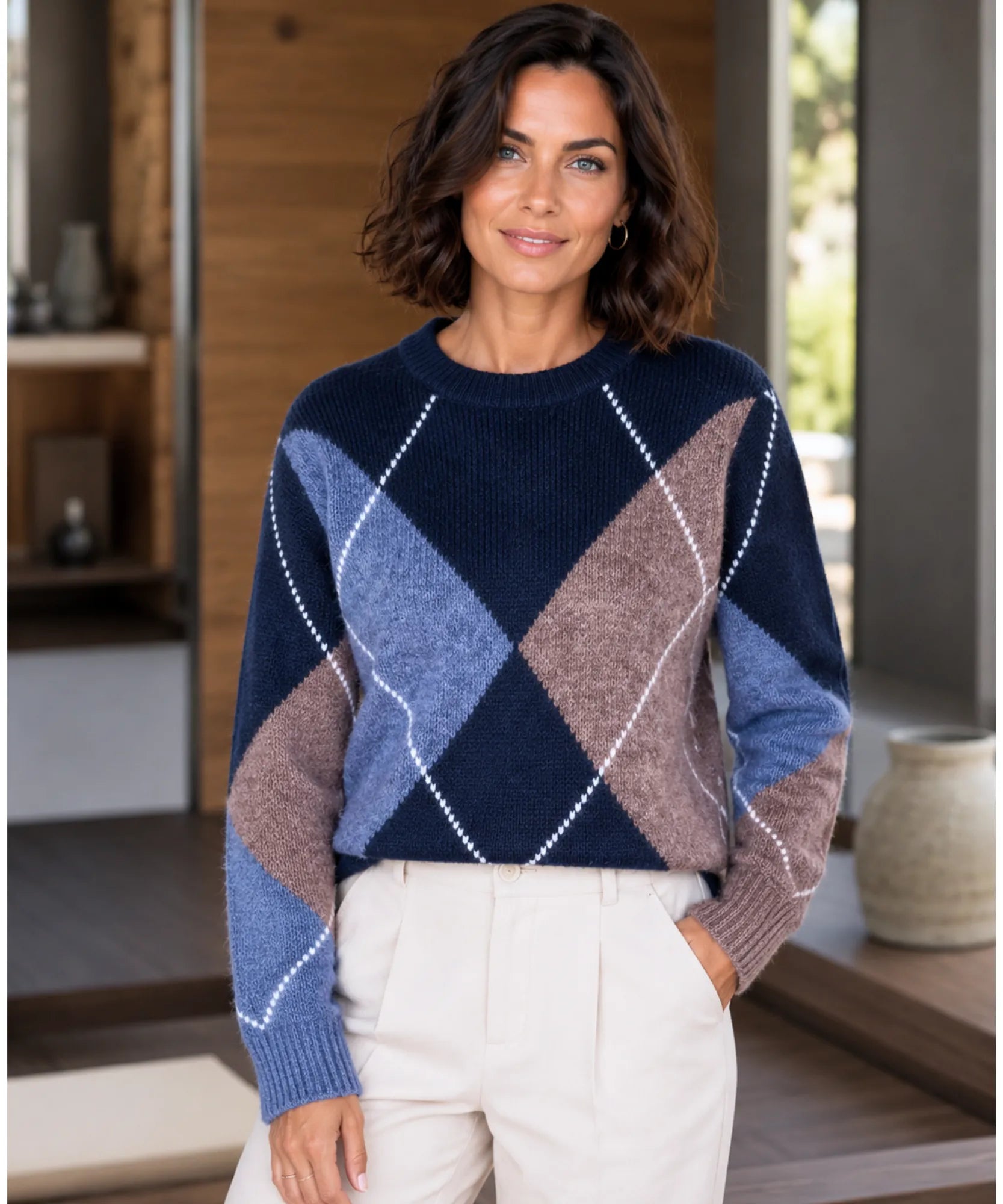 Women's Argyle Crew Neck Sweater in Blue, styled look