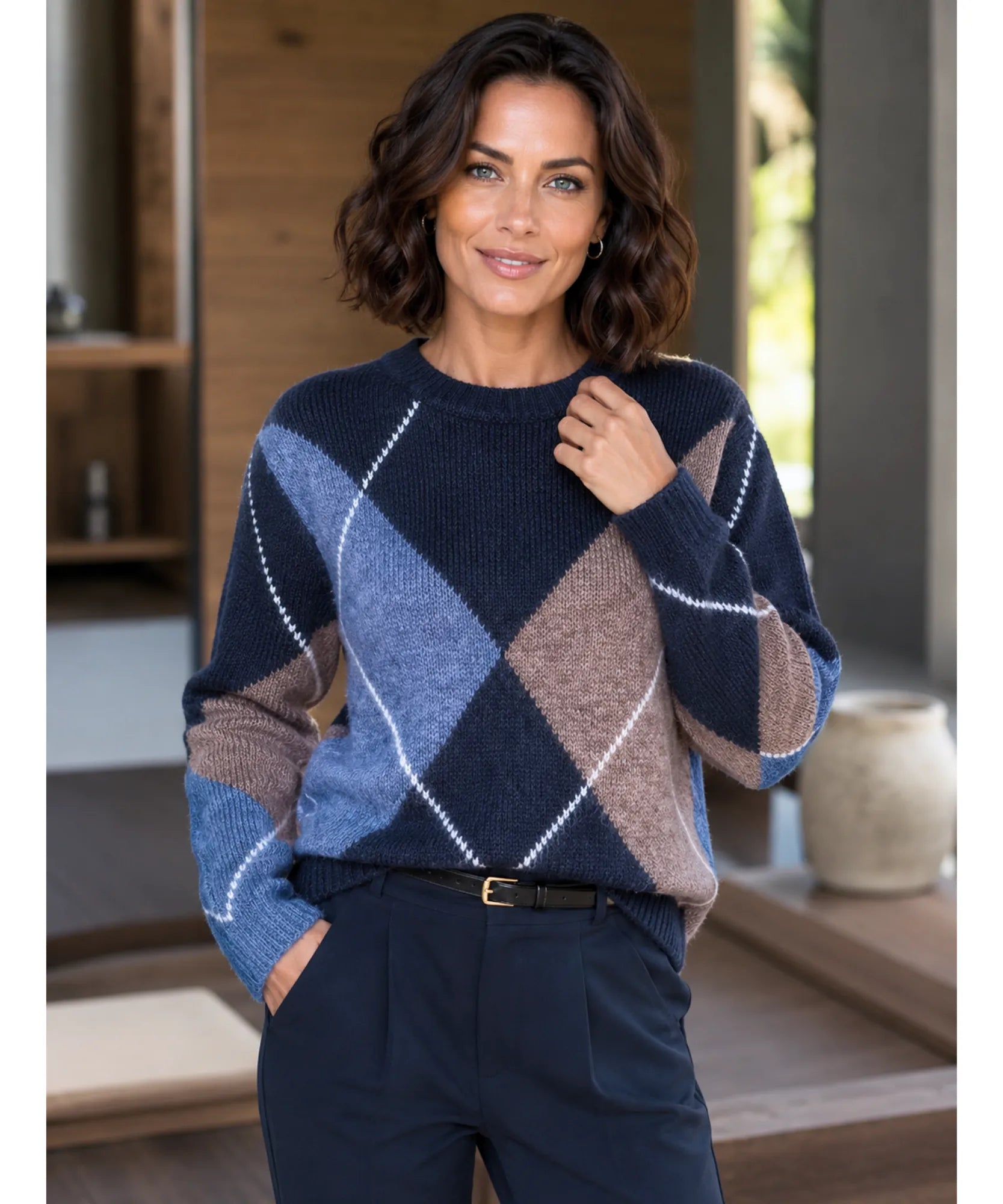 Women's Argyle Crew Neck Sweater in Blue, sleeve and ribbed cuff detail