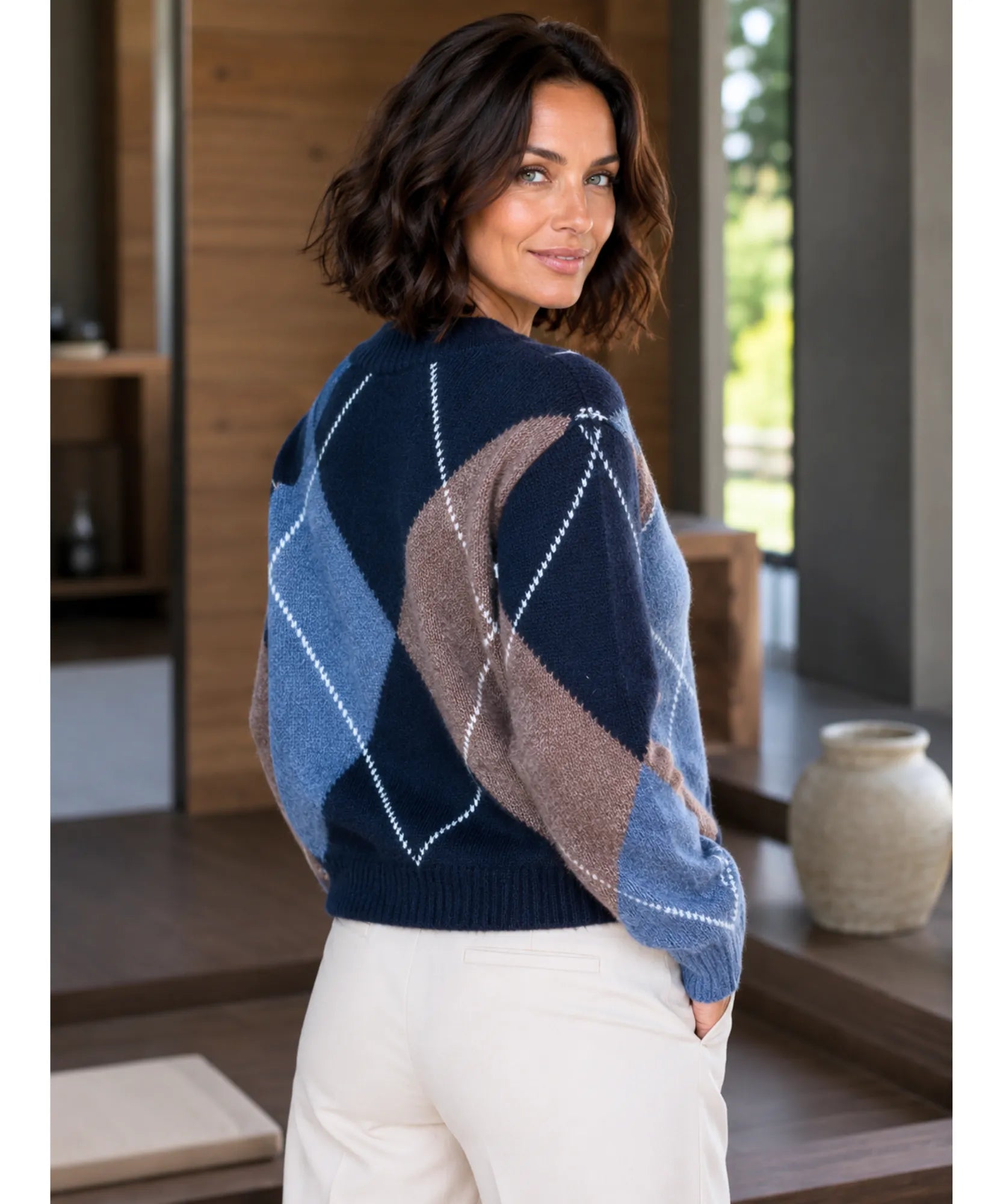 Women's Argyle Crew Neck Sweater in Blue, full length view
