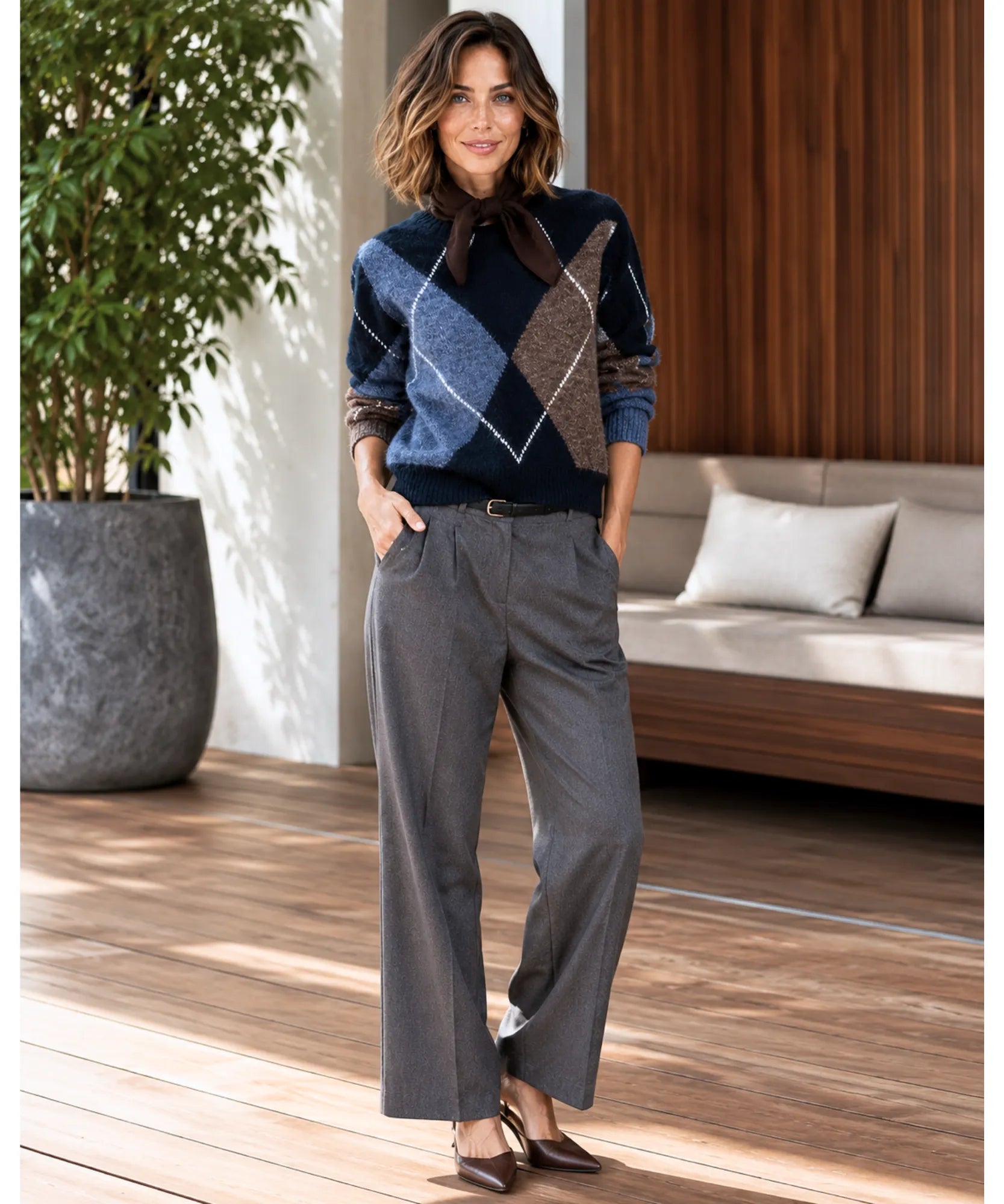 Women's Argyle Crew Neck Sweater in Blue, crew neckline detail
