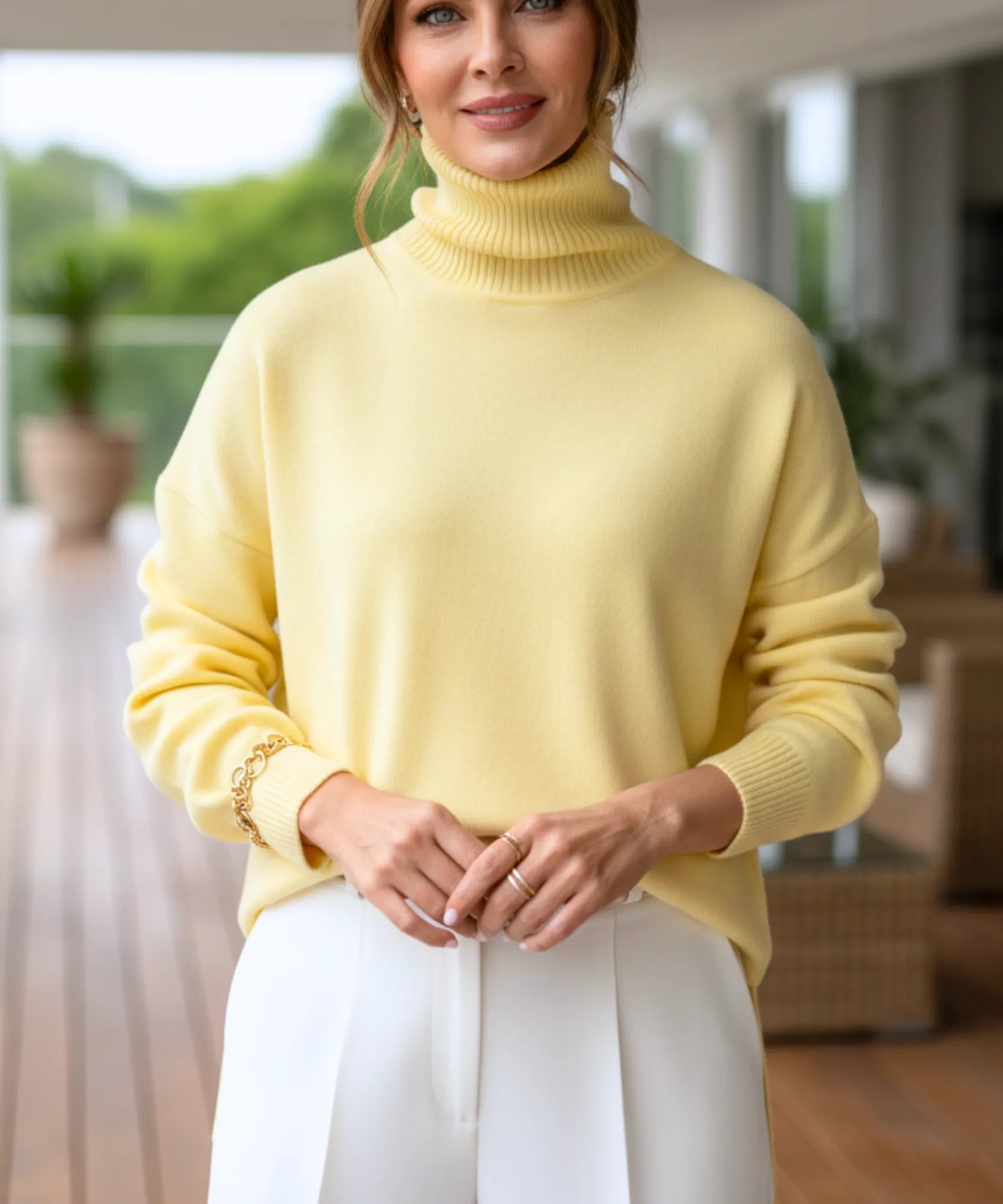 Women's Turtleneck Oversized Sweater in Light Yellow, side view