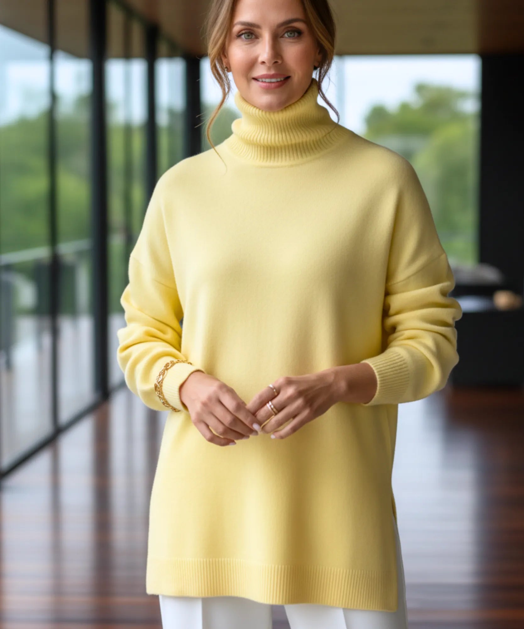 Women's Turtleneck Oversized Sweater in Light Yellow, styled look