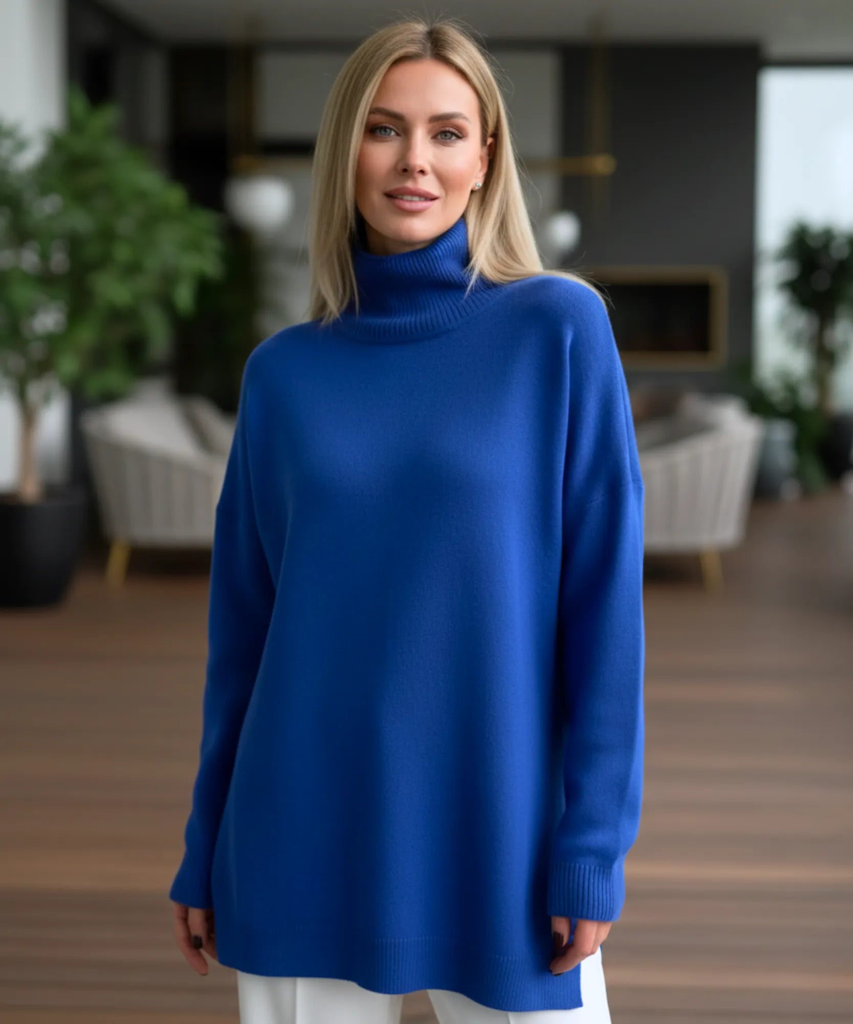 Women's Turtleneck Oversized Sweater in Royal Blue, side slit detail
