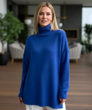 Women's Turtleneck Oversized Sweater in Royal Blue, side slit detail