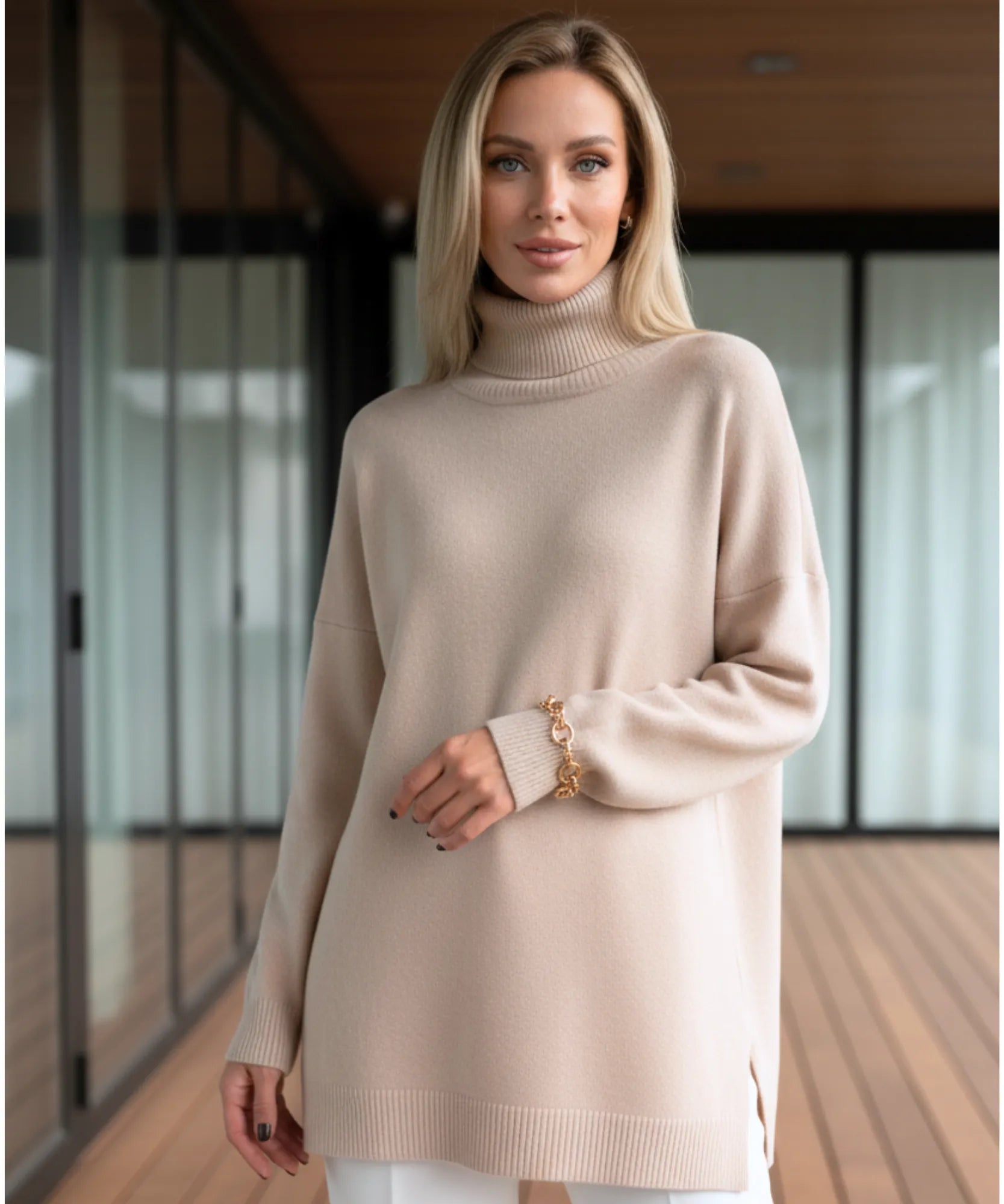 Women's Turtleneck Oversized Sweater in Apricot, front view