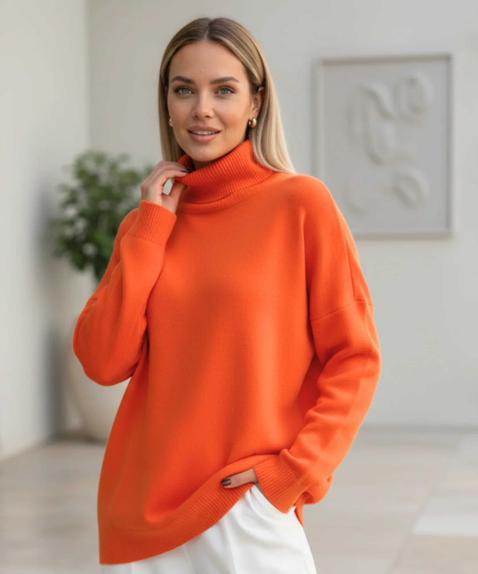 Women's Turtleneck Oversized Sweater in Orange, front view