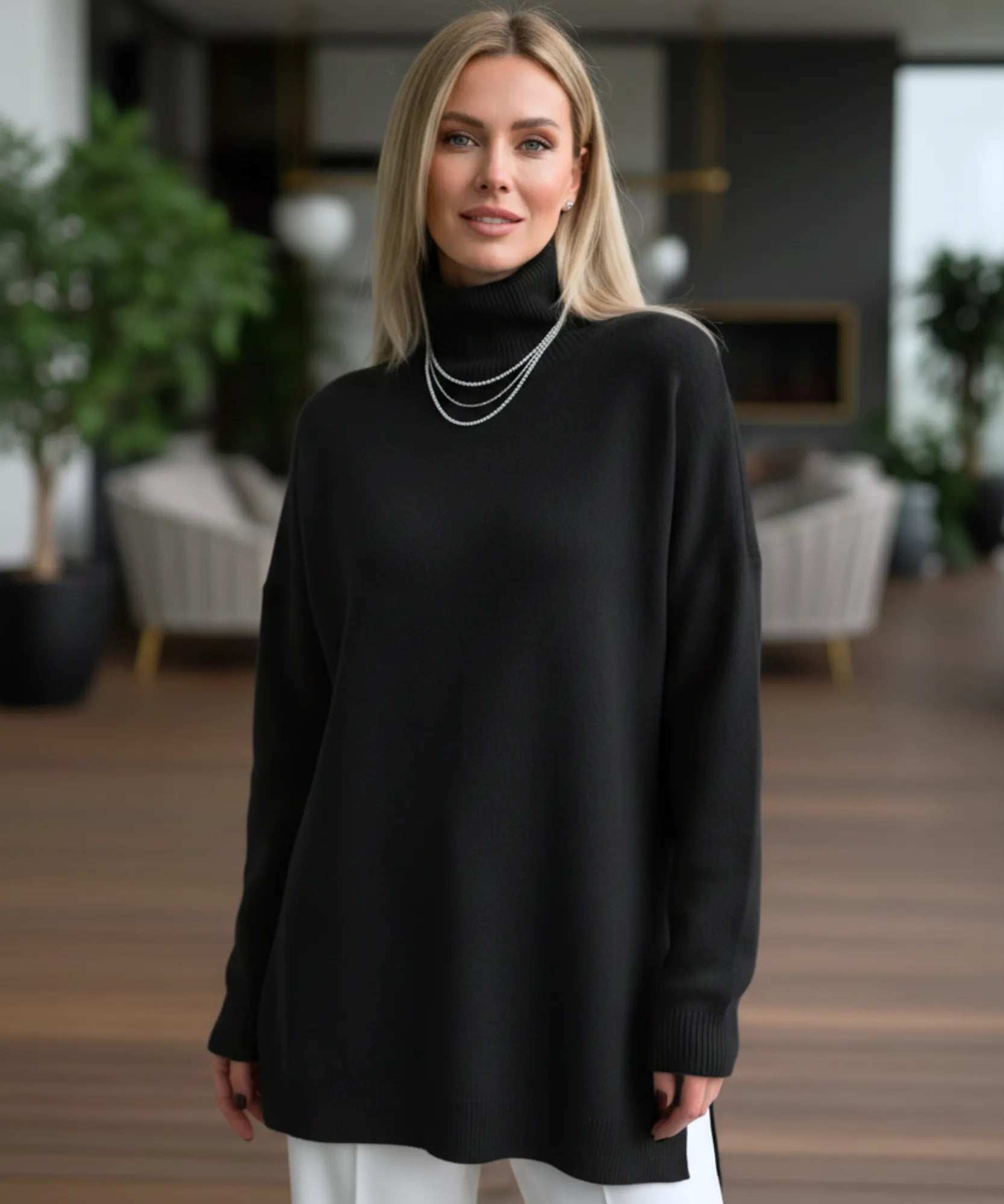 Women's Turtleneck Oversized Sweater in Black, front view