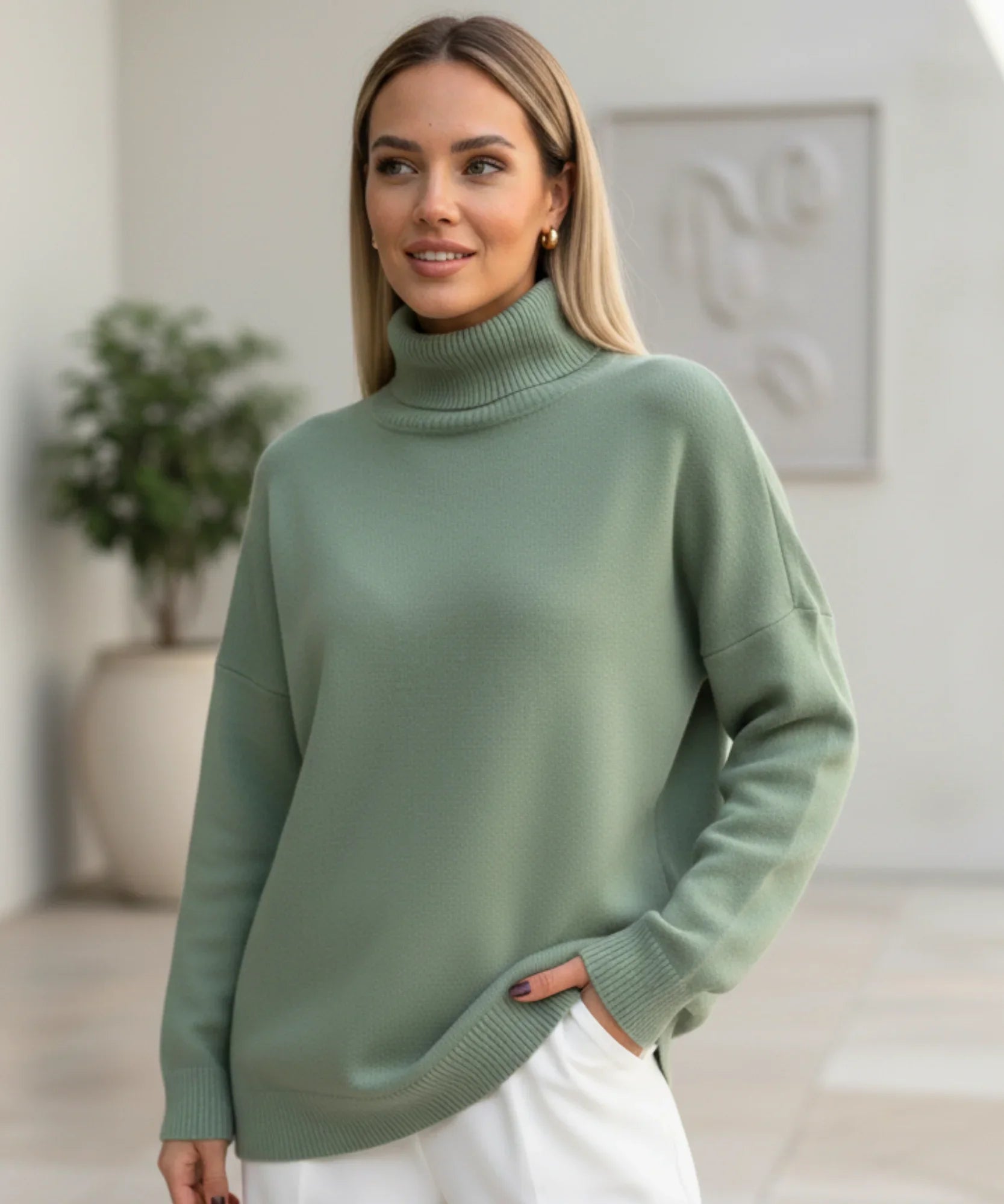 Women's Turtleneck Oversized Sweater in Olive Green, front view