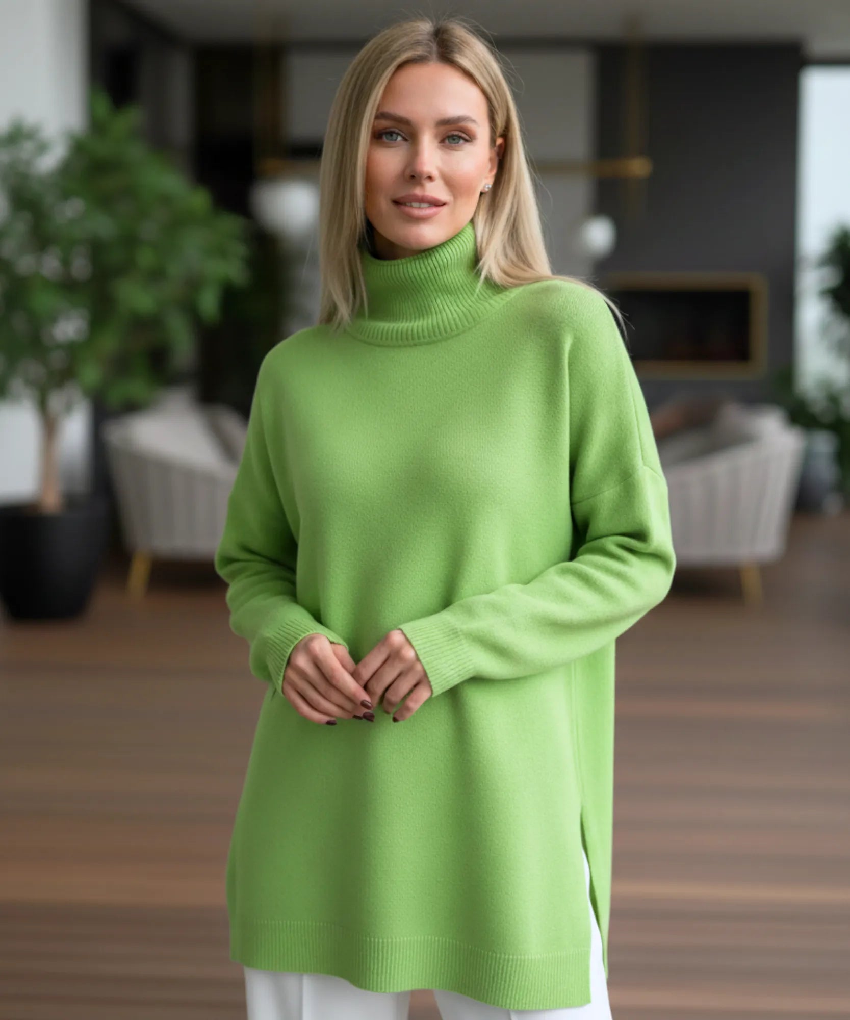 Women's Turtleneck Oversized Sweater in Green, styled look