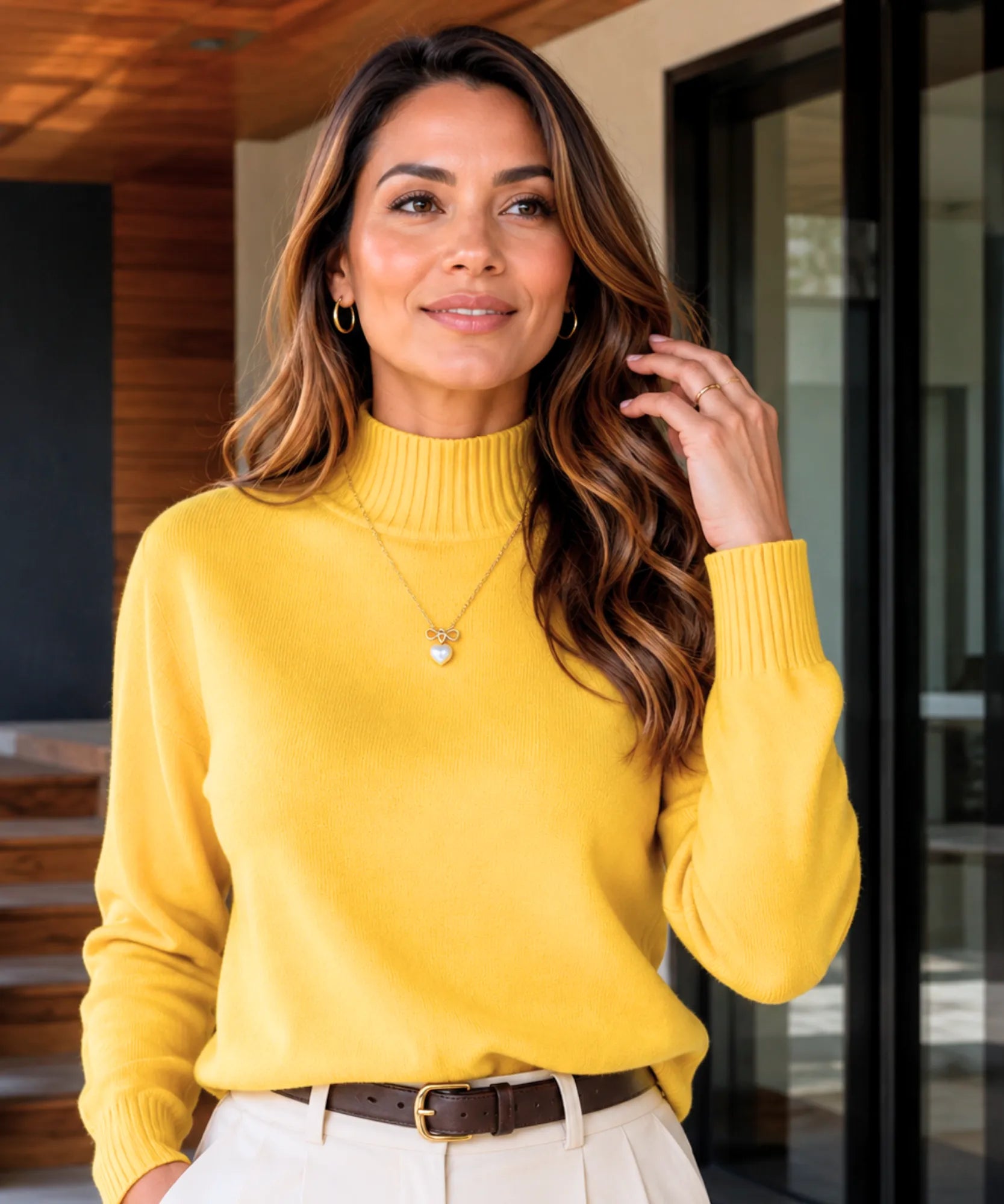 Women's Premium Mock Neck Sweater in Yellow, alternate view