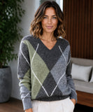 Women's Argyle V-Neck Sweater in Sage Green, front view