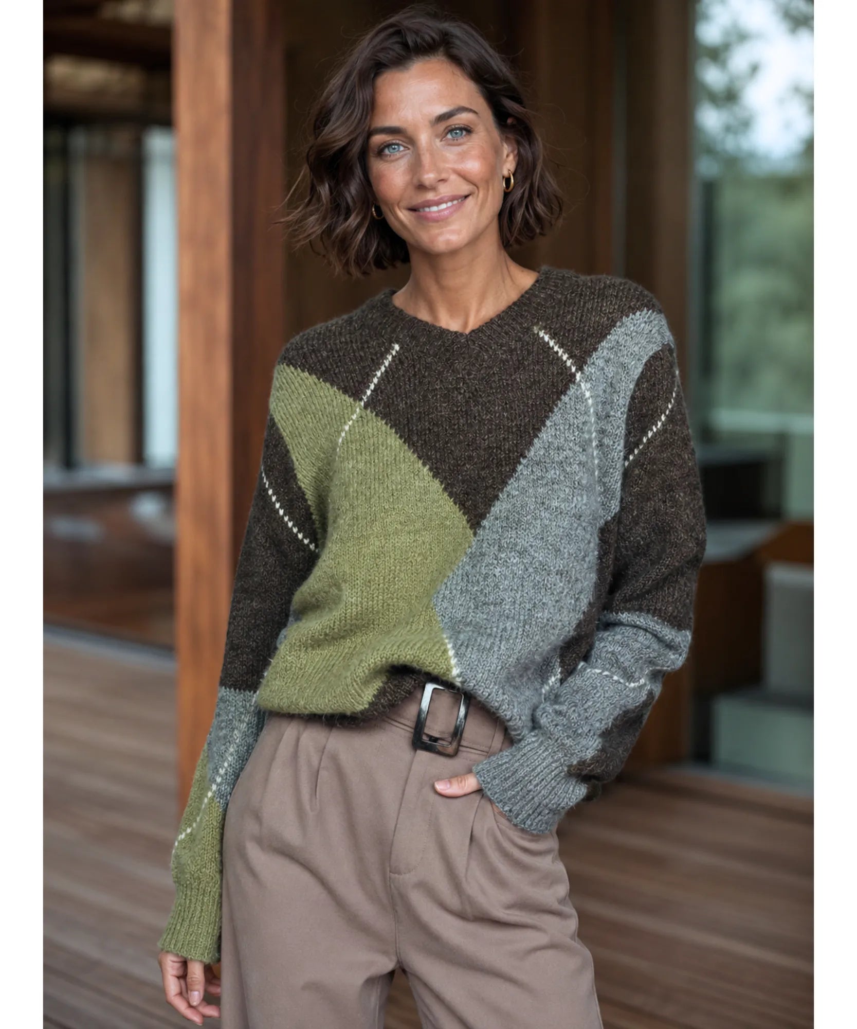Women's Argyle V-Neck Sweater in Sage Green, fit detail