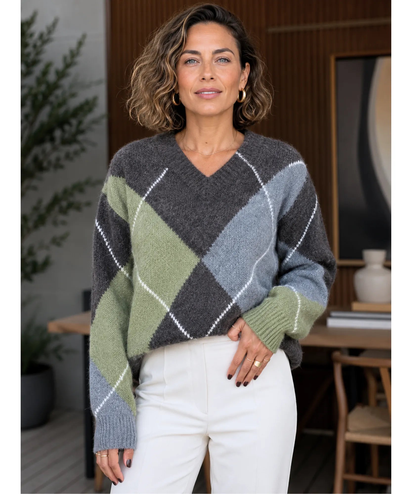 Women's Argyle V-Neck Sweater in Sage Green, V-neckline detail