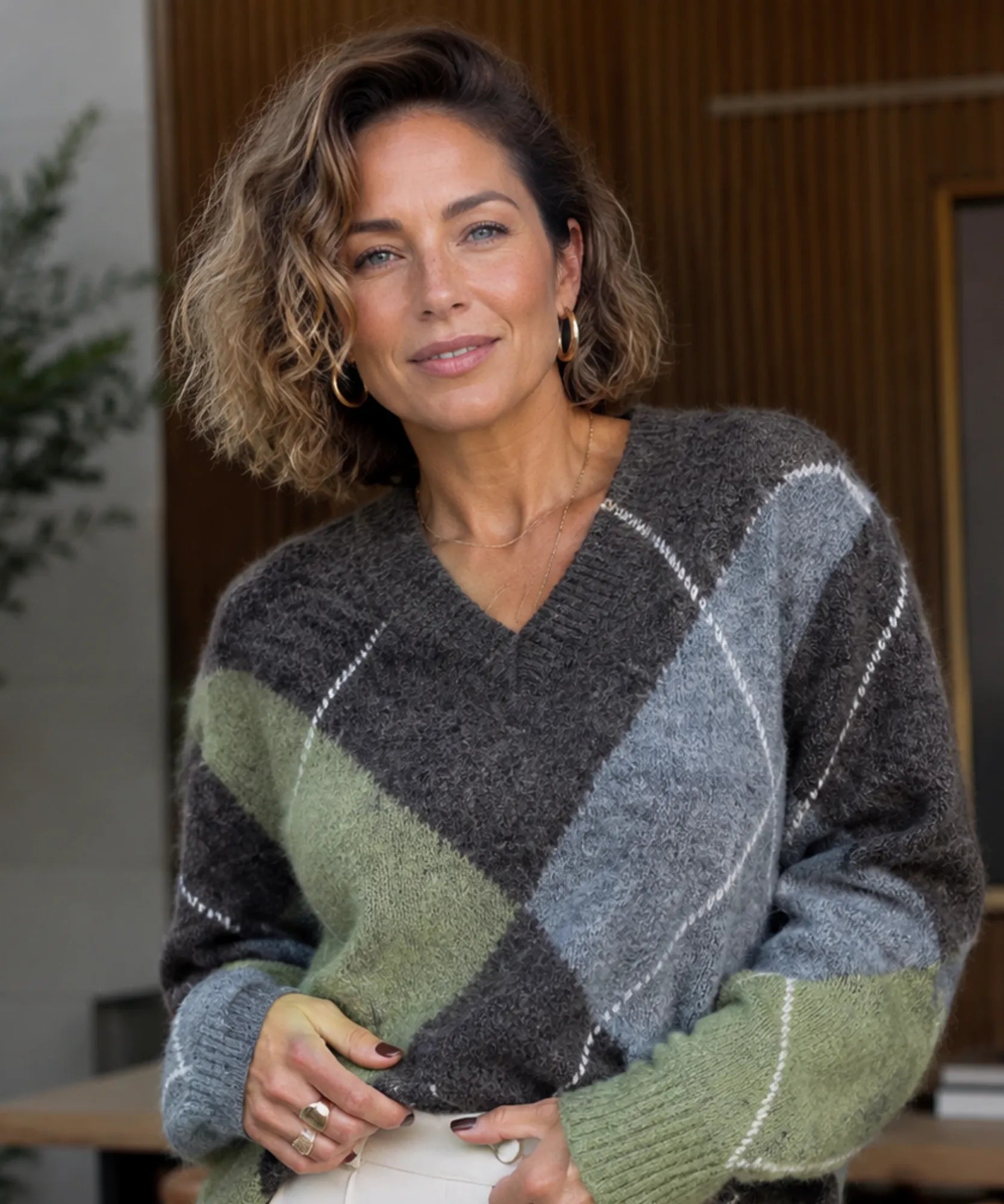 Women's Argyle V-Neck Sweater in Sage Green, styled look