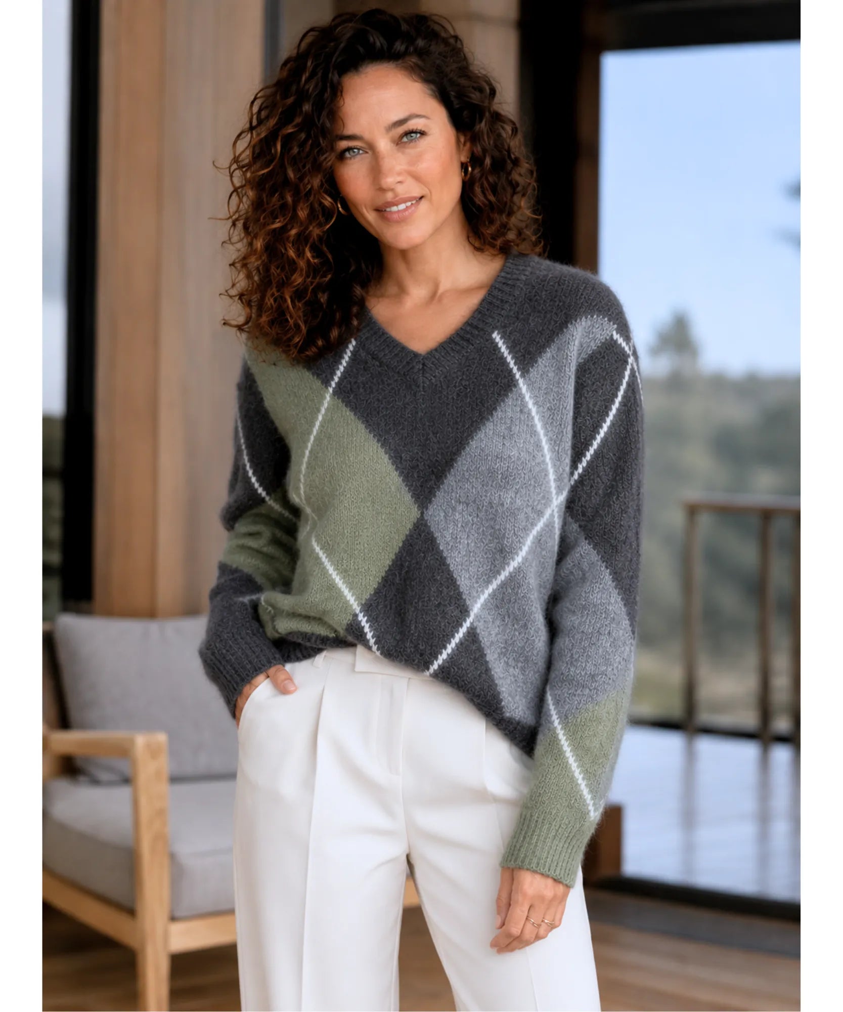 Women's Argyle V-Neck Sweater in Sage Green, side view