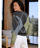 Women's Argyle V-Neck Sweater in Sage Green, back view