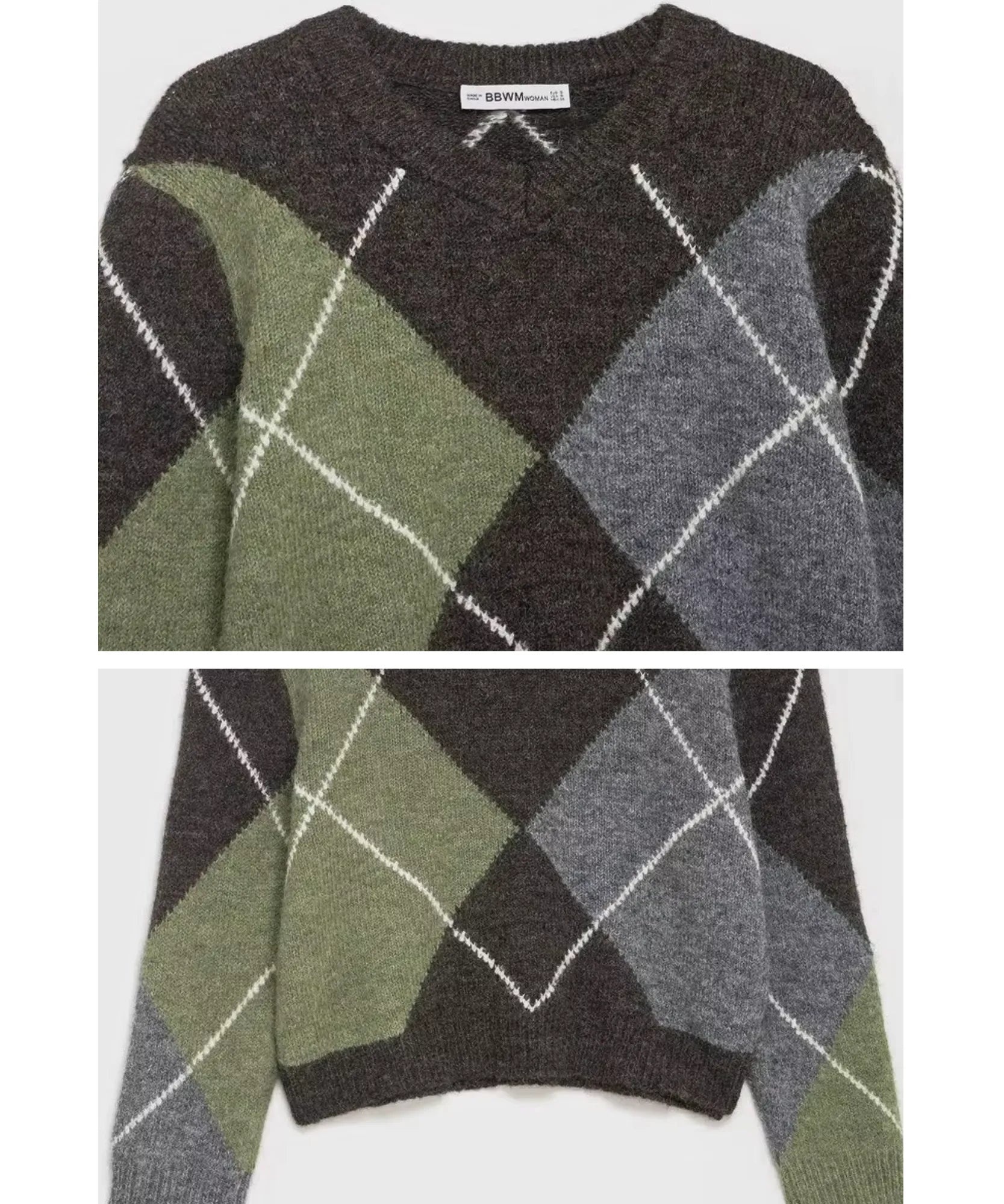 Women's Argyle V-Neck Sweater in Sage Green, flat lay view
