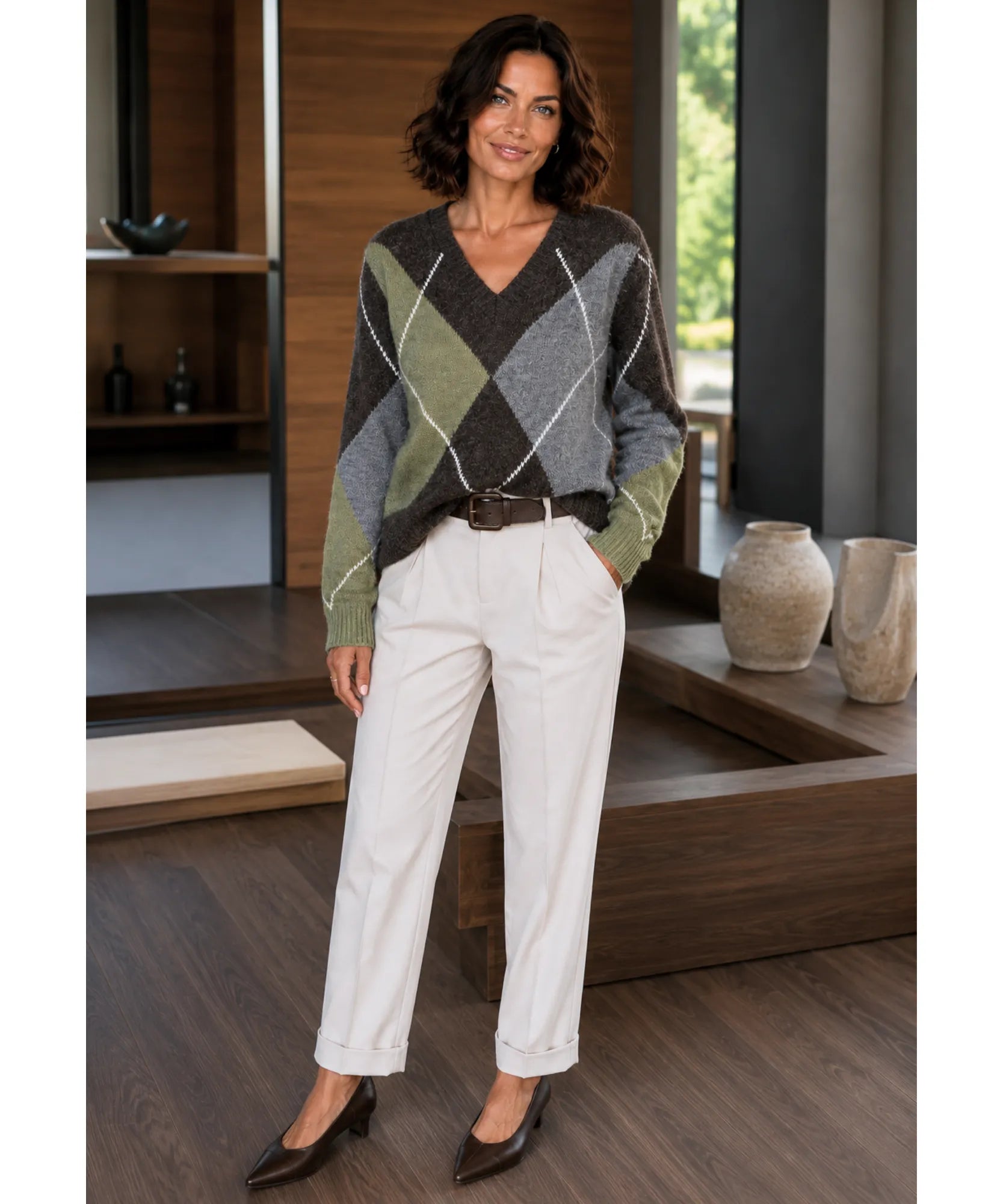 Women's Argyle V-Neck Sweater in Sage Green, knit texture detail