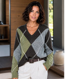 Women's Argyle V-Neck Sweater in Sage Green, close-up of the diamond print