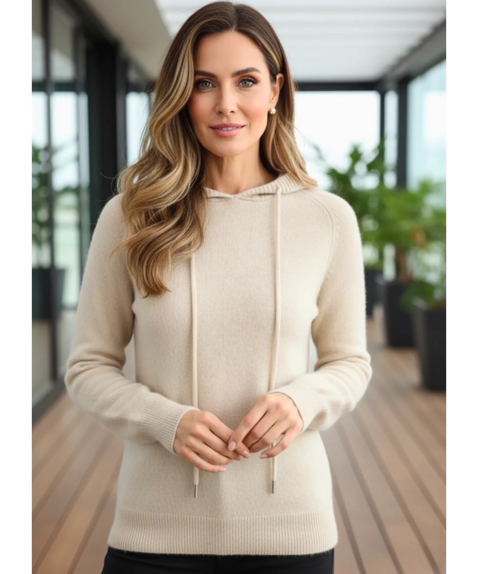 Women's Oversized Hooded Knit Sweater in Ivory, a soft drawstring-hood knit for winter, front view