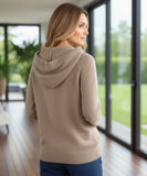Women's Oversized Hooded Knit Sweater in Mocha, a soft drawstring-hood knit for winter, back view